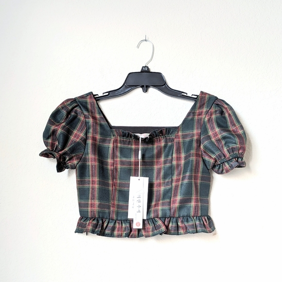 green plaid puff sleeve crop top - Picture 5 of 5